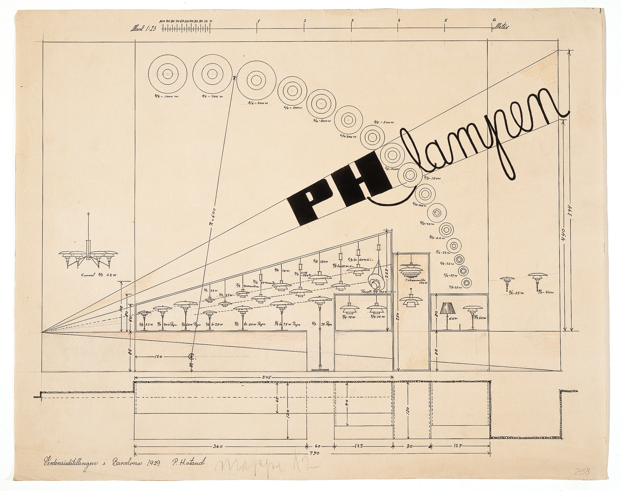 Architectural drawing of PH lamp exhibition stand in Barcelona 1929, © 2025 Louis Poulsen