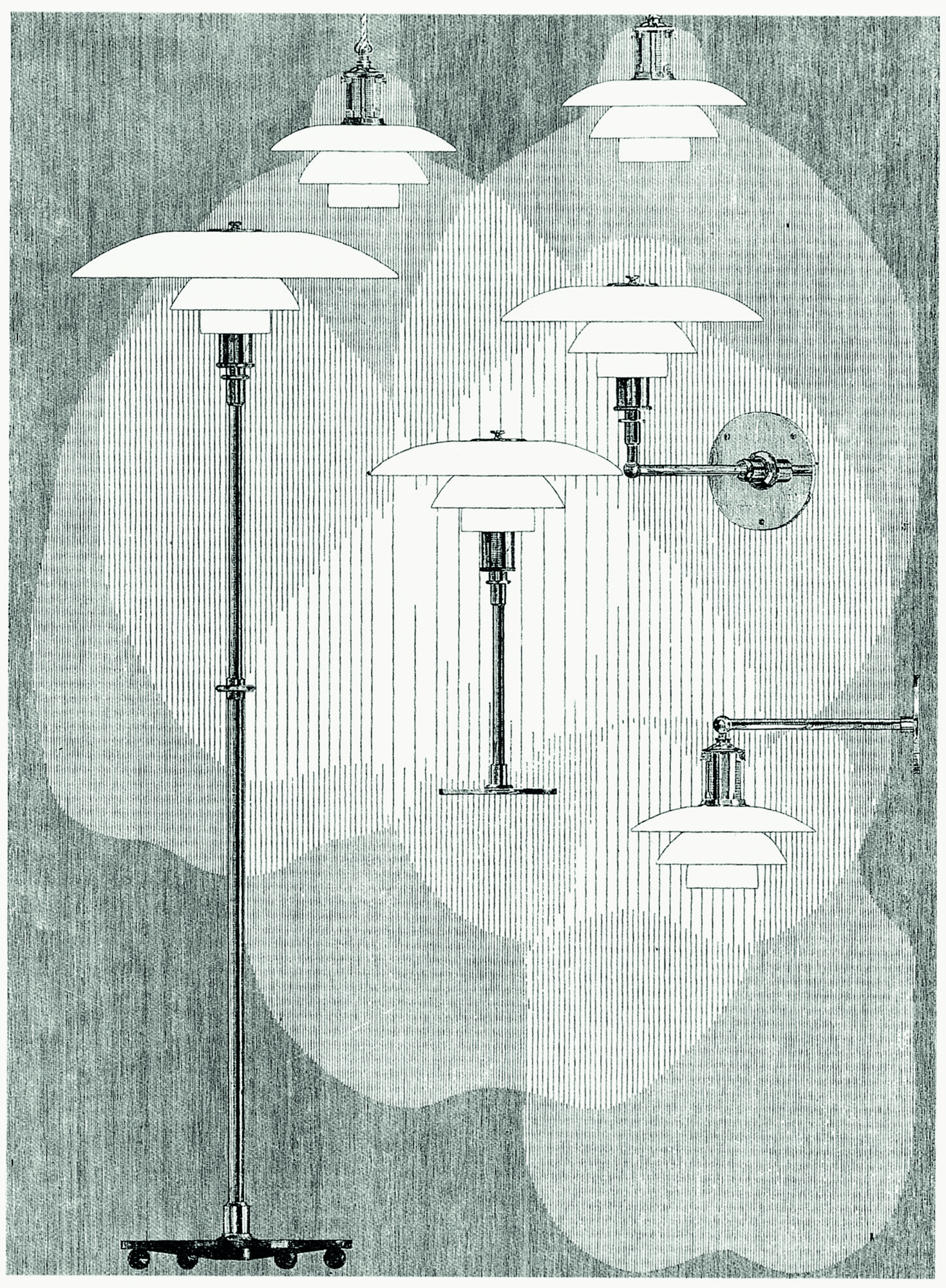 Vintage illustration showing Poul Henningsen multi-shade lamp designs, © 2025 Louis Poulsen.
